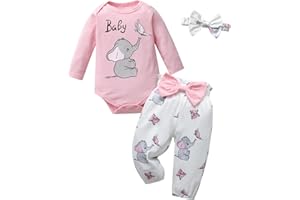 Infant Baby Girl Clothes Newborn Elephant Baby Print Outfits Long Sleeve Romper Pants Headband Set
