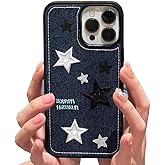 Casechics Compatible with iPhone Case,Cool Denim Fabric Embroidery Star Silicone Camera Lens Protection Soft Shockproof Cover Phone Case (Blue,iPhone 15 Pro)