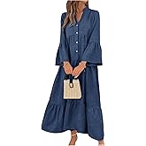 SweatyRocks Women's Flowy Maxi Dresses Bell Long Sleeve Half Button Ruffle A Line Dress