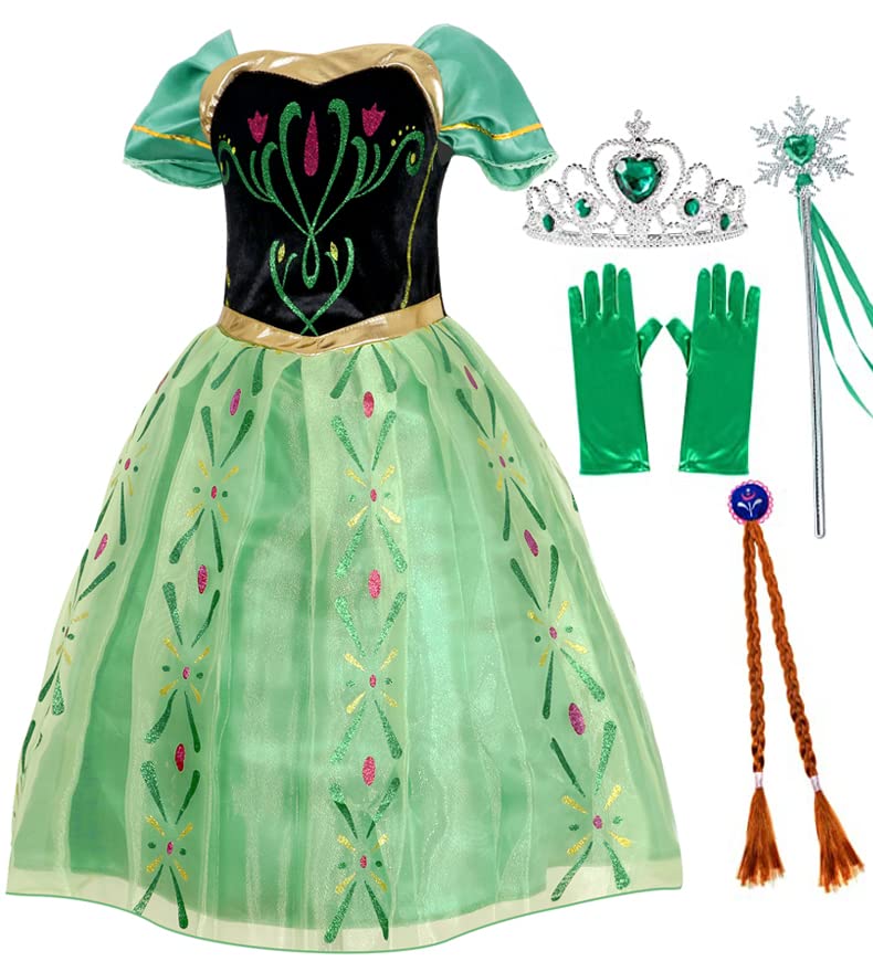 Atorcher Princess Dress Up for Girls Green Costume with Crown Fairy Wand Gloves for Birthday Partys (4-5 Years)