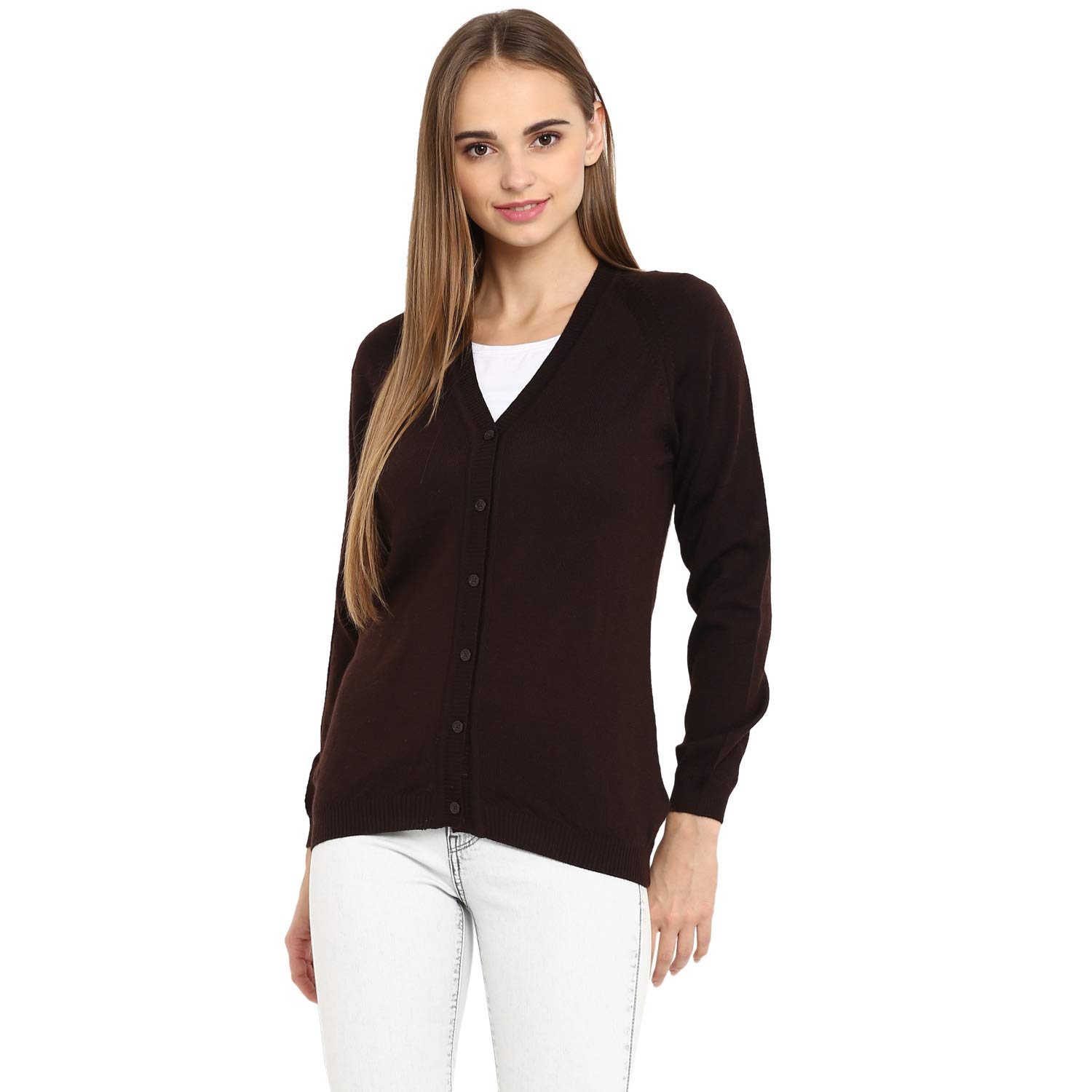 monte carlo dark brown solid pure wool v nack cardigan