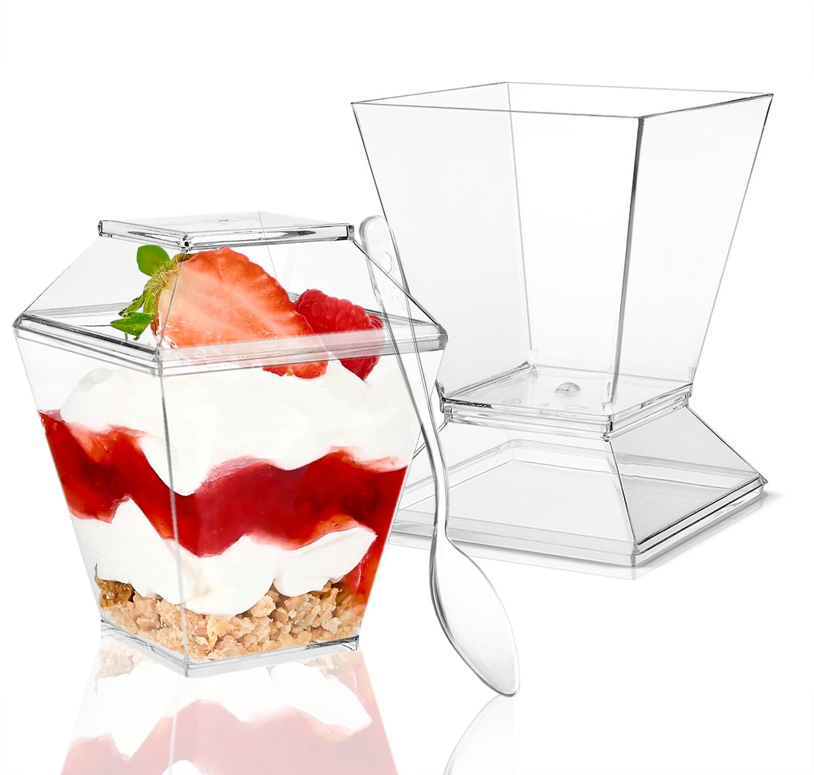 Photo 1 of TOFLEN 50 Pack 3.5 oz Mini Dessert Cups with Lids for Party, Square Plastic Dessert Cups with Spoons for Yogurt, Parfait, Pudding, Jello and Appetizers, Dessert Shooters