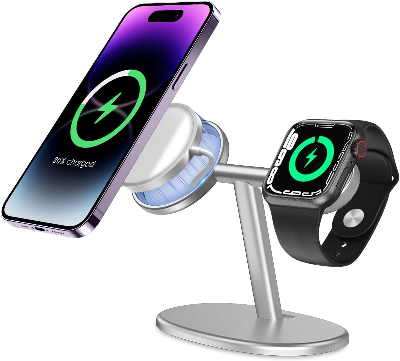 EWA 2 in 1 Wireless Charger Stand Compatible with MagSafe Charger and Apple Watch Charger, Compatible with iPhone14/13/12 Series and Apple Watch 3/4/ 5/6/ 7/8 - Silver (Chargers Not Included)