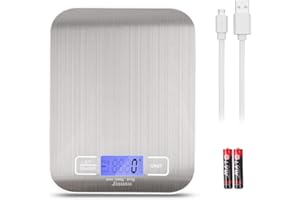 JISUSU Digital Kitchen Scale Food Scale,USB Kitchen Scale,Food Scale 0.04oz/1g Increment,11 lb/5 kg,Backlit LCD Display Function(Batteries Included AAAX2) Silver