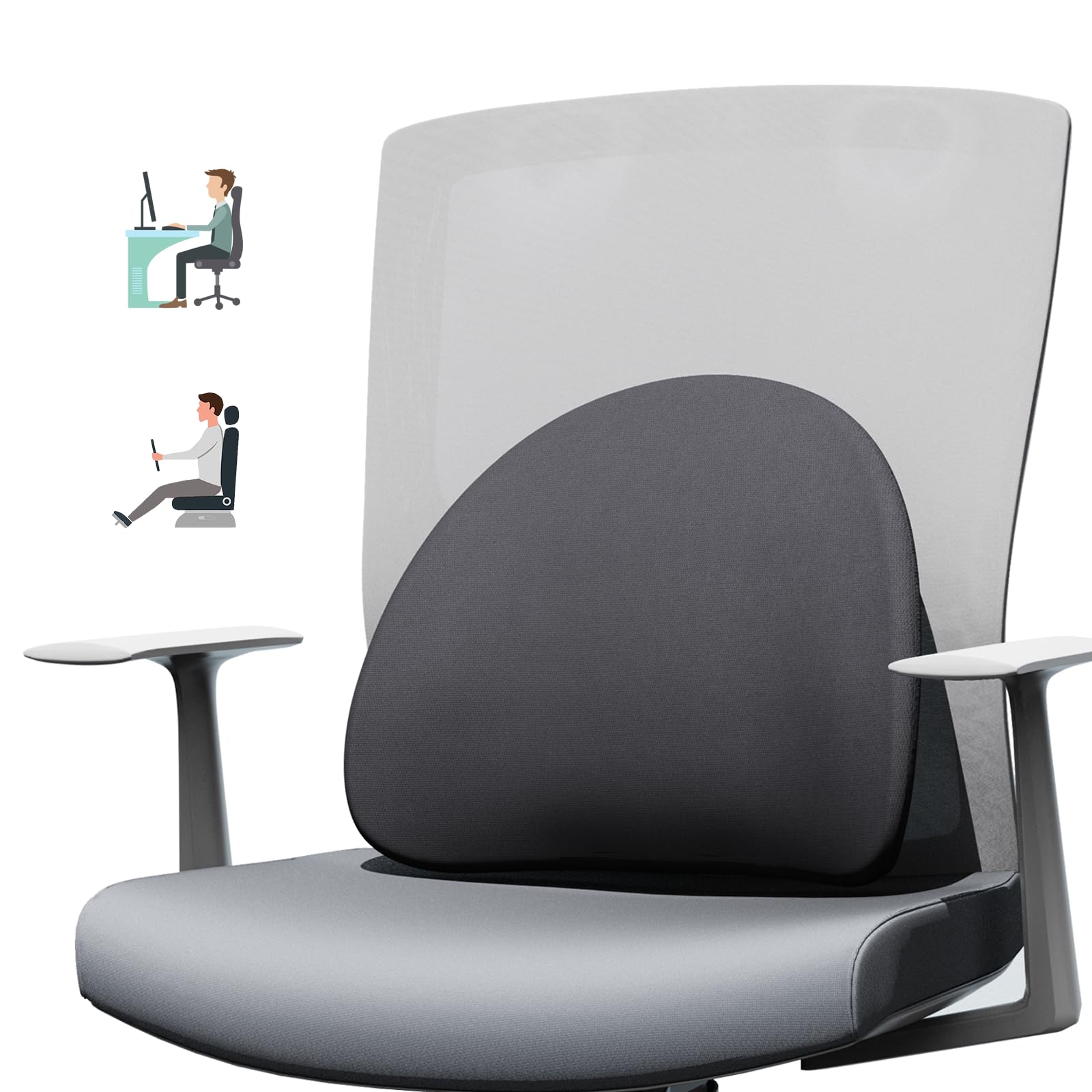 MXPOLY Lumbar Support Pillow for Office Chair and Car with All-Season Adaptive Memory Foam, Ergonomic Back Support for Lower Back Pain Relief, Stay-Put Stain-Proof Silicone Grip (Black)