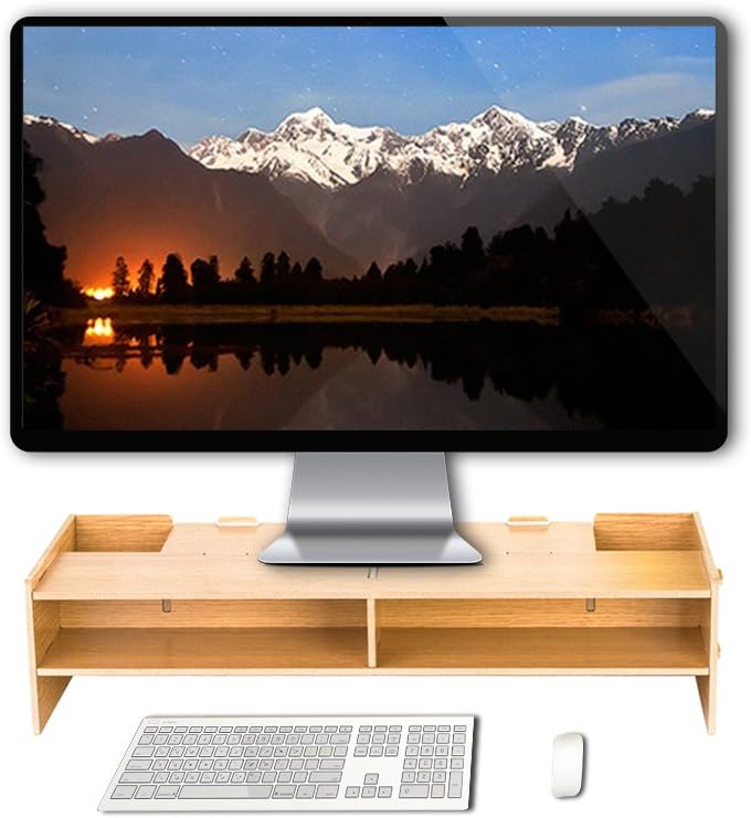 Computer Monitor Stand Riser,Wooden Desk Organiser Unit Novelty Moisture proof Stand with 2 Tiers Storage A4 paper keyboard Books Laptop Riser Shelves (Teak)