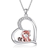 JERWLI Sterling Silver 925 Owl/Red Panda/Blue Bird/Monkey/Wolf/Raven/Turtle/Possum/Bearded Dragon/Flamingo/Platypu/Raccoon/Robin Bird/Fox Necklace Heart Pendant Animal Jewelry Gift For Women