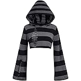 SOLY HUX Women's Striped Hooded Sweater Goth Y2k Ripped Bell Long Sleeve Knit Pullover Crop Tops