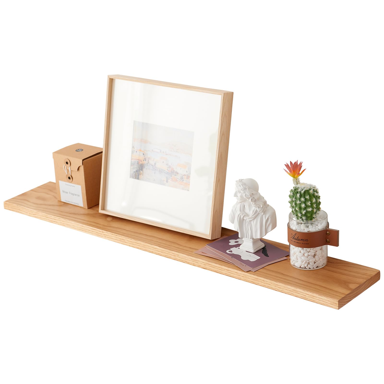 TREOAKWIS Wooden Floating Shelf, Oak Wall Shelf Rustic Floating Solid Wood Bookshelf Wall Mounted Display for Magazine Living Room Bathroom Bedroom Decor (60 CM)