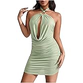 Milumia Women's Draped Cut Out Halter Mini Dress Sexy Ring Linked Ruched Tie Backless Short Dress