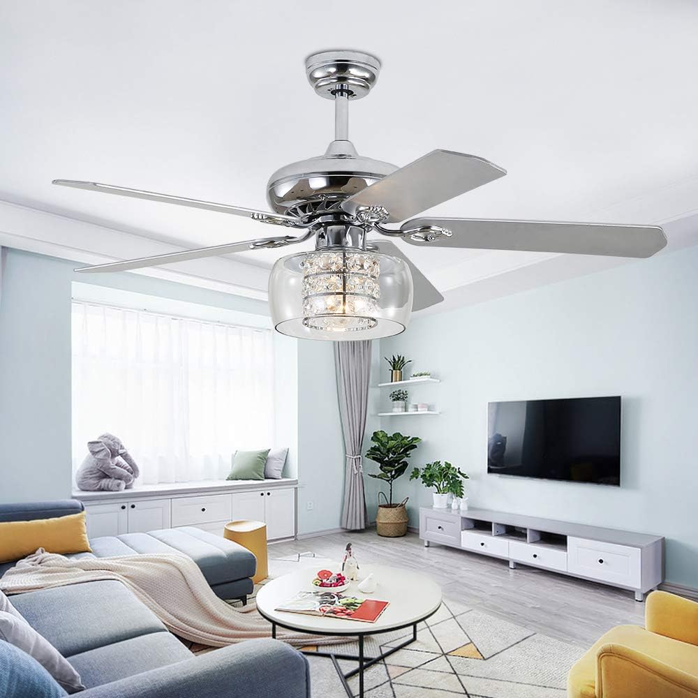 PalaLight 5-Blade 52-Inch Chrome Lighted Ceiling Fans with Crystal Shade (Remote Controlled)