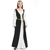 Padama Renaissance Costume Women Medieval Dress Long Sleeve Black Red Green Chemise Overdress Wreath Halloween Cosplay Party