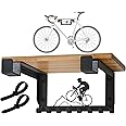 Bike Rack Wall Mount with Shelf and 8 Hooks Offer Horizontal Indoor Bike Storage for Sheds Garages. Wooden Bike Rack Bracket for Road, Mountain, Travel Bicycles, Maximizing Space