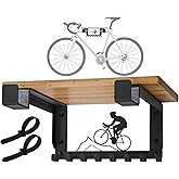 Bike Rack Wall Mount with Shelf and 8 Hooks Offer Horizontal Indoor Bike Storage for Sheds Garages. Wooden Bike Rack Bracket