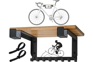 wisnew Bike Rack Wall Mount with Shelf and 8 Hooks Offer Horizontal Indoor Bike Storage for Sheds Garages. Wooden Bike Rack Bracket for Road, Mountain, Travel Bicycles, Maximizing Space
