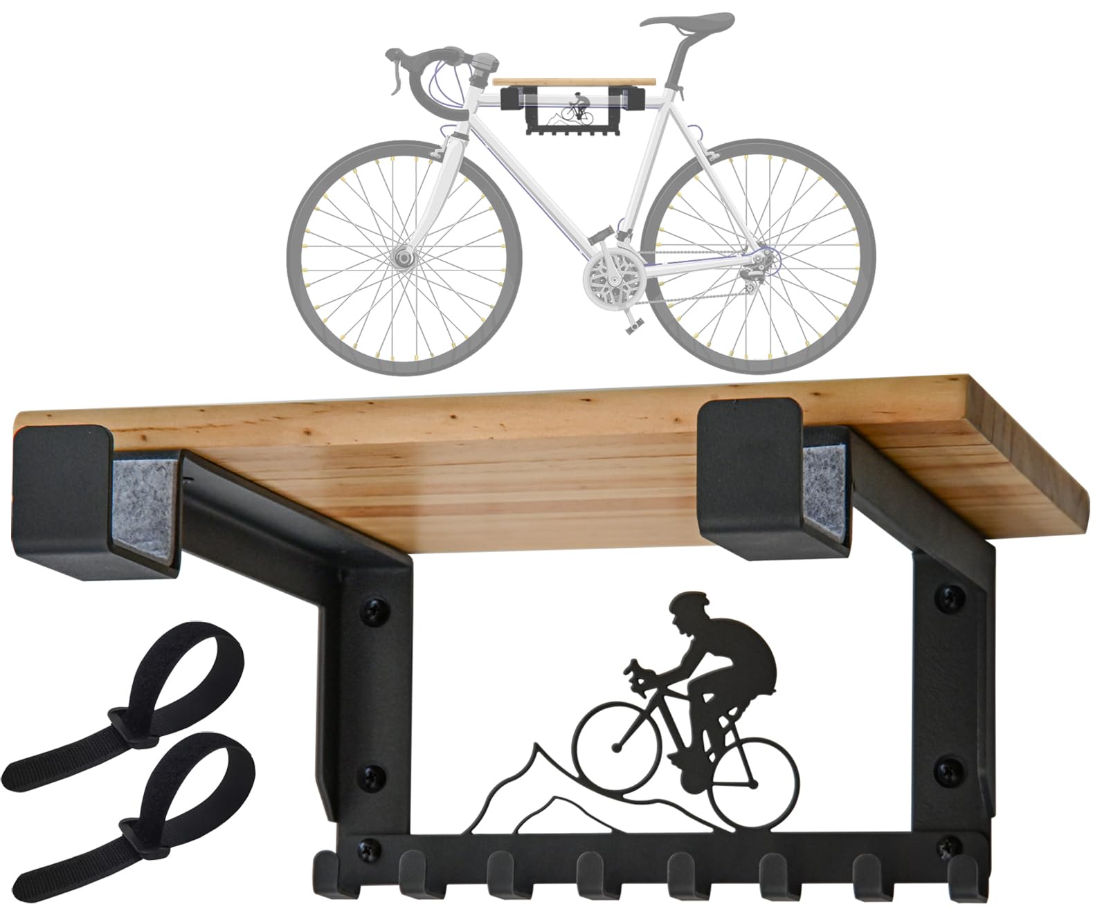 bike Rack Wall Mount with Shelf and 8 Hooks Offers Horizontal Indoor Storage for Sheds and Garages. Wooden Bike Bracket for Road and Mountain Bicycles, Maximizing Space