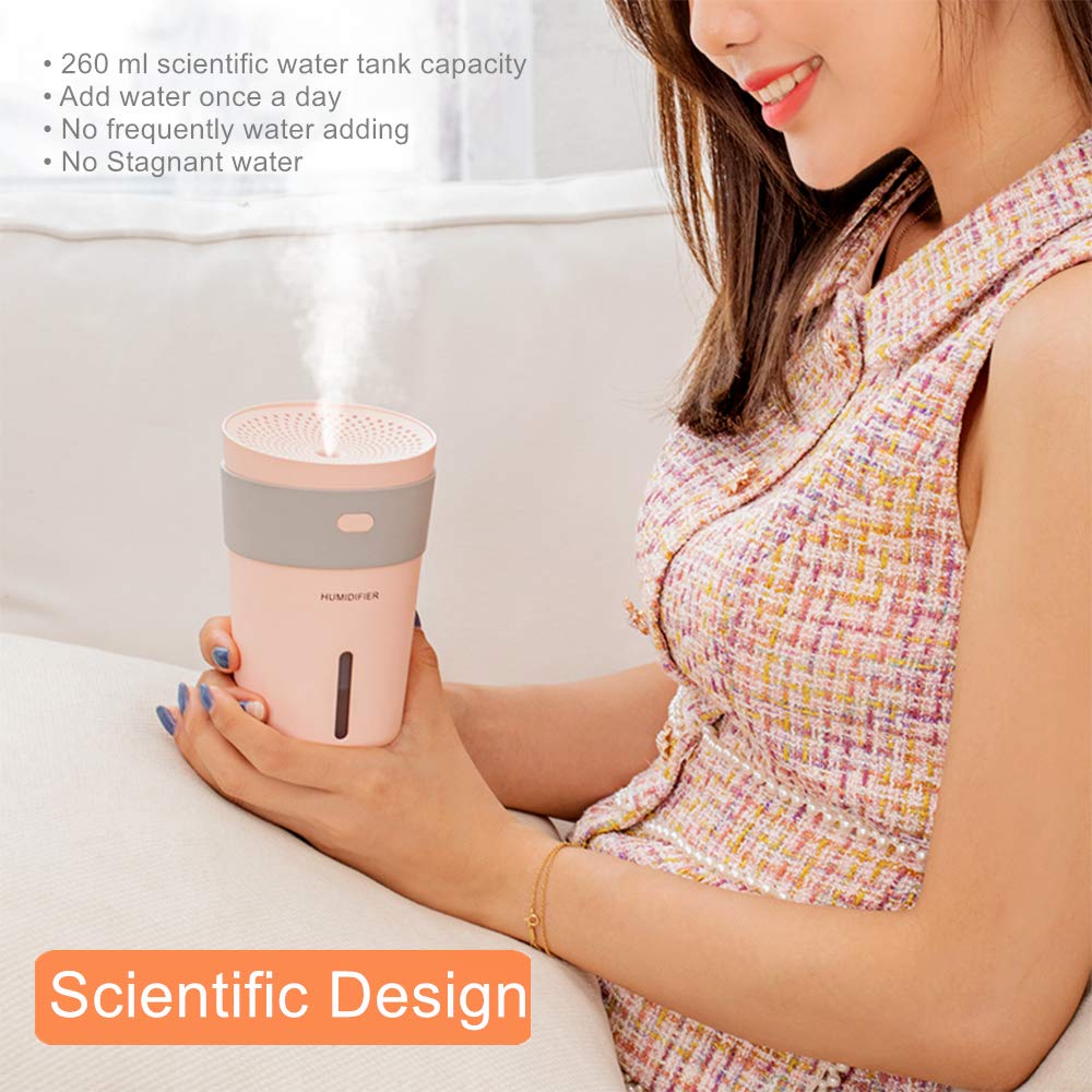 KIART Quiet Cool Mist Humidifier, 260 ml Mini Portable USB Humidifier with 7-color Night Light, Smart Sleep Mode, Auto Shut Off for Home Car Office Travelling