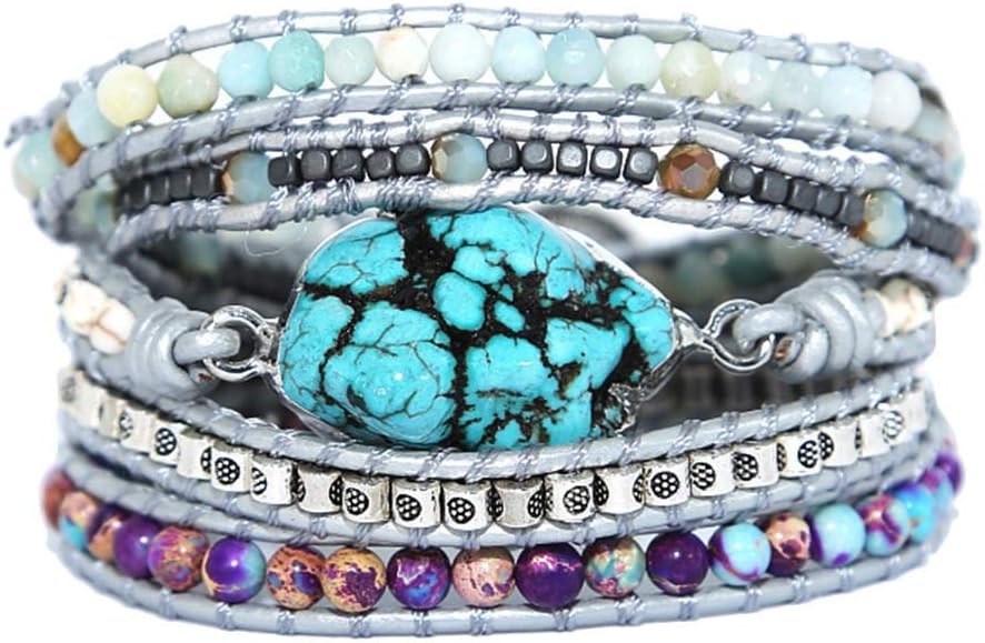 Ablita Wrap Leather Bracelet Gift Multi-layer for Women with Turquoise Charm Beads