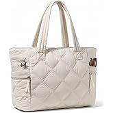 Prite Quilted Tote Bag for Women, Lightweight Puffer Tote with Zipper, Travel Work Nurse Gym Bag(Beige)