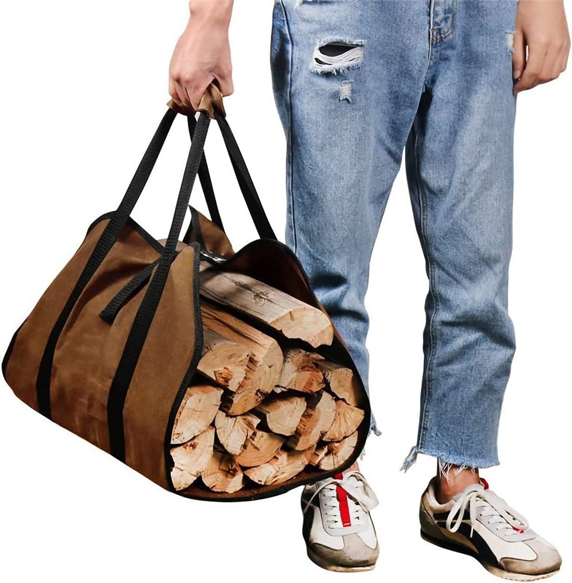 ZONSUSE Firewood Carrier Bag, Log Carrier Bag for Wood, Outdoor Camping Canvas Bags, Log Storage for Fireplaces, Logs Stove Accessories, Water Resistant Tote Bag with Handles for Camping Trip (Brown)