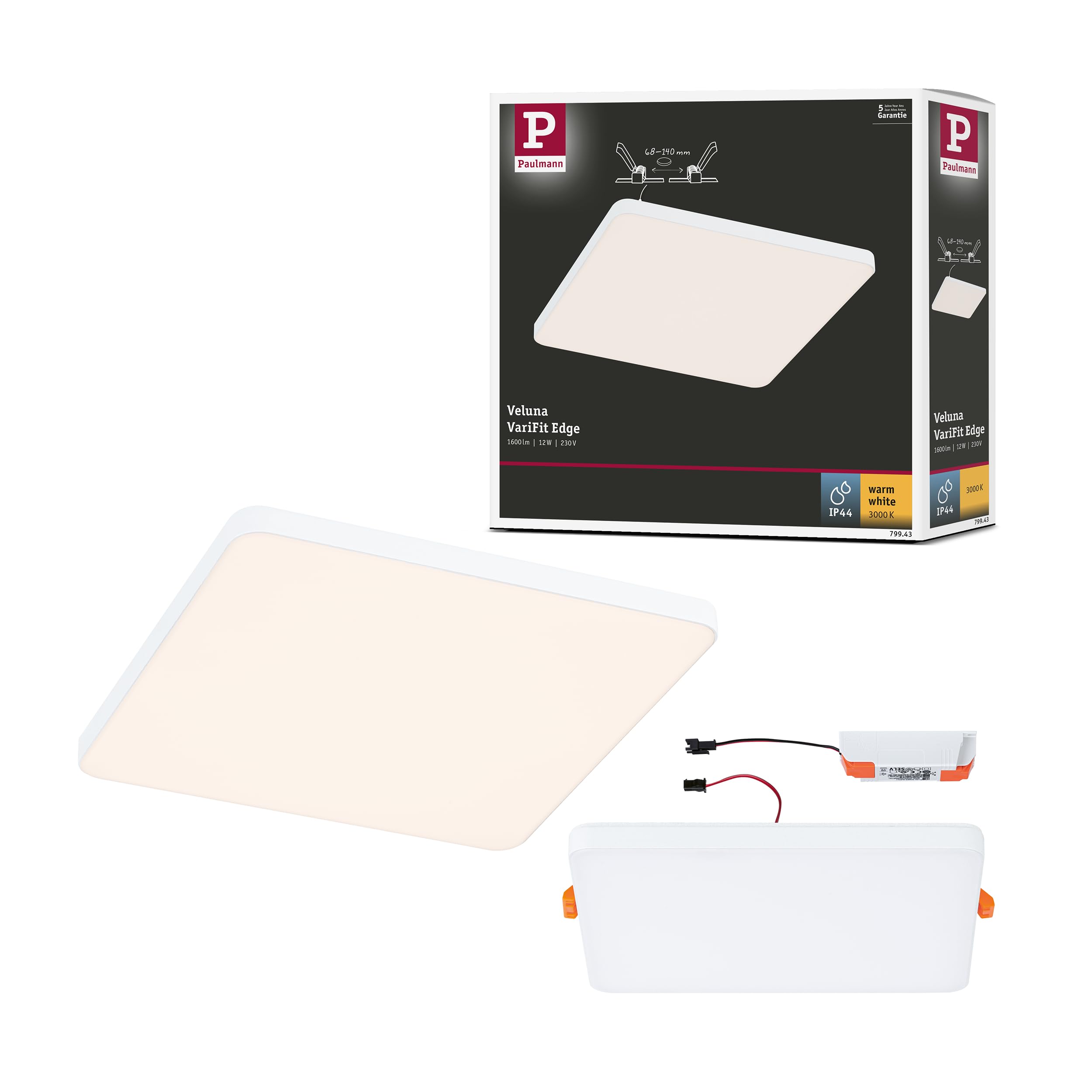 Paulmann 79943 LED panel recessed panel Veluna VariFit Edge 160x160mm rectangular warm white, white plastic lighting system 3000K
