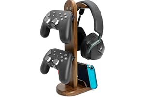 GEVO Controller Holder with Headphone Stand - Wood Gaming Controller Stand for Xbox PS5 PS4 Switch Pro, PC Gaming Accessories - Present Idea for Husband, Boyfriend, Gamers, Game Lover, Game Room Decor