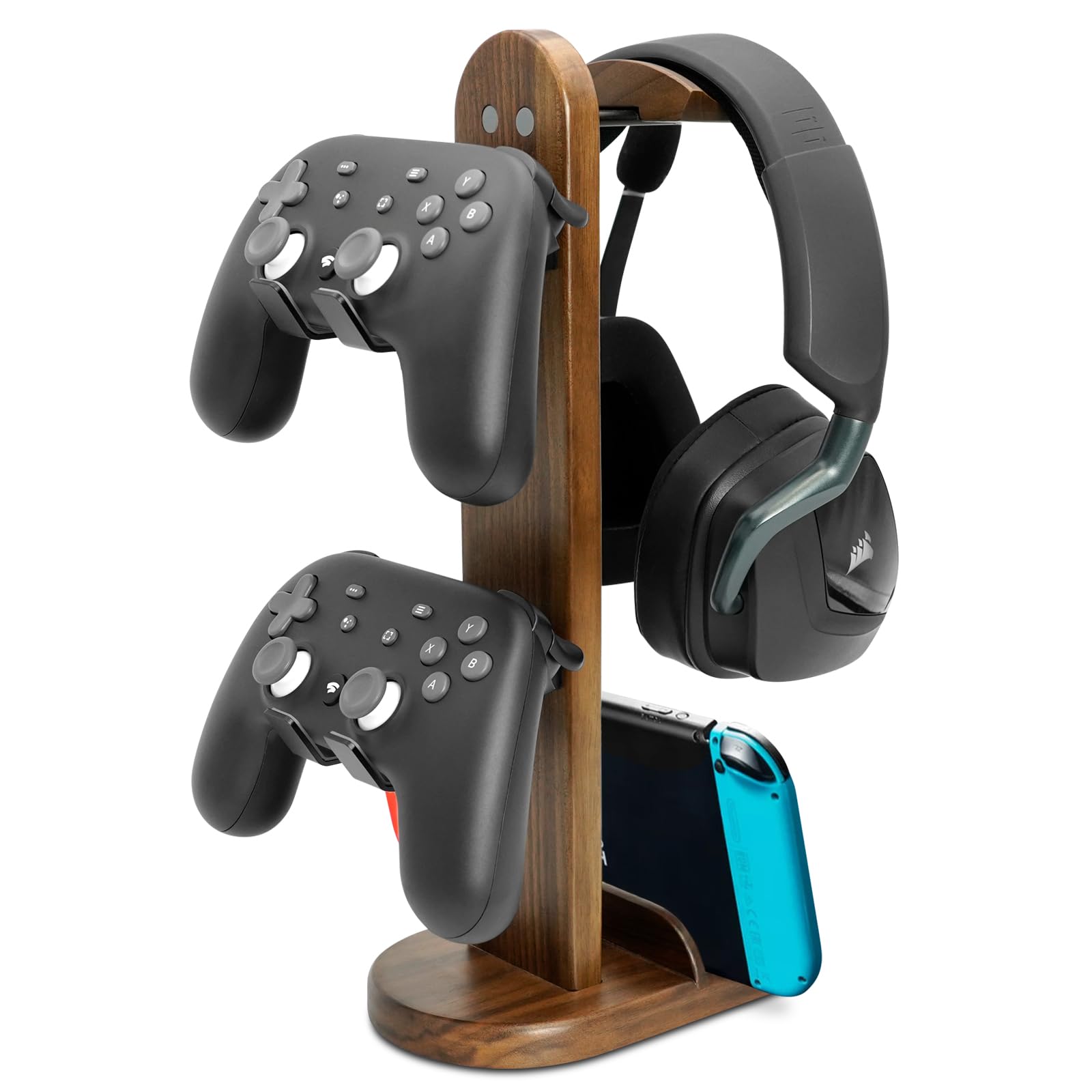 Controller Holder with Headphone Stand - Wood Gaming Controller Stand for Xbox PS5 PS4 Switch Pro, PC Gaming Accessories - Present Idea for Husband, Boyfriend, Gamers, Game Lover, Game Room Decor