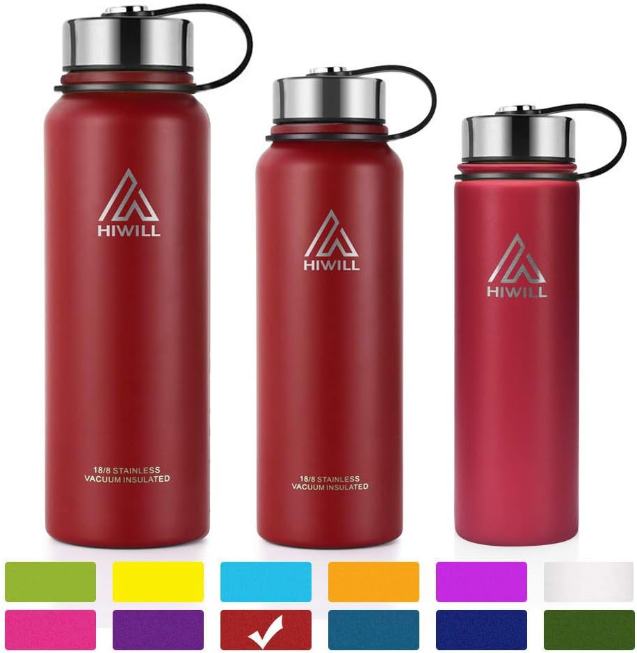 Hiwill Stainless Steel Insulated Water Bottle 50oz(2 Lids), Cold 24 Hrs Hot 12 Hrs, Double Wall Vacuum Thermos Flask, Travel Sports Leak Proof Bottle with Metal Strainer, BPA Free