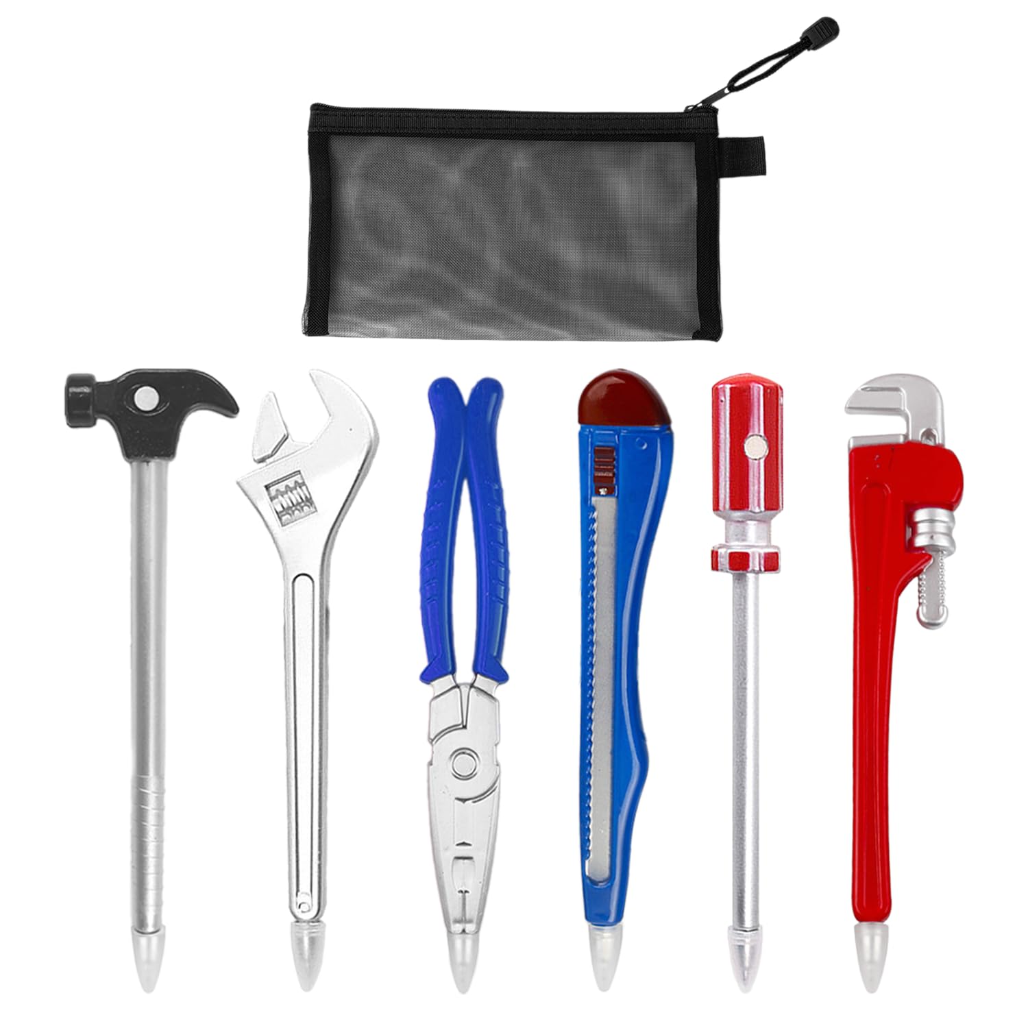 DUINIU 6 Pieces of Hardware-Shaped Tool Ballpoint Pens, 1 Piece of Black Mesh Pen Bag, Creative and Personalized Stationery, Novel Tool Pen Set, Children's Toys, Suitable for Schools and Offices