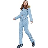 Yousify Womens Winter Ski Suit One Piece Hooded Fur Collar Ski Jumpsuit Snowsuit Outdoor Sports Coat