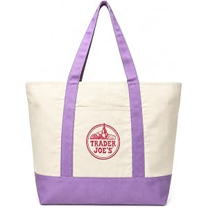 Large Canvas Tote Bag for Trader Joe's, Reusable 12 oz Cotton Tote Bag with Embroidered, Front Pocket & Reinforced Bottom for