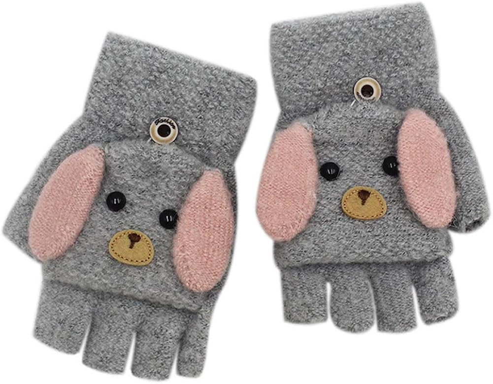 RARITY-US (2-8Y) Convertible Flip Top Gloves, Knit Winter Warm Fingerless Half Finger Mittens for Kids Boys Girls: Clothing