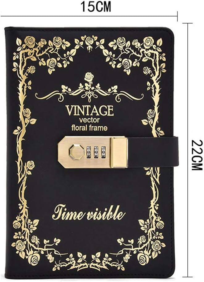 MINILZY Notebook New Stationery Notebook Paper 130 Sheets Diary with Lock Code Password Vintage Notepad Office School Supplies Gift,Black