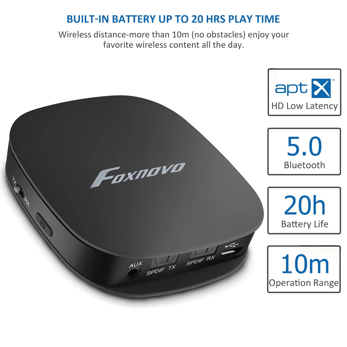 Foxnovo Bluetooth 5.0 Audio Transmitter Receiver for TV with Digital Optical TOSLINK, 2-in-1 Audio Bluetooth Adapter with Aptx Low Latency and 3.5mm Aux Adapter for Headphone, Speakers, Cellphone,PC