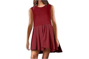 GOHRSHA Sleeveless Dresses for Women Casual Summer Pleated Tank Dress Ruffle Flowy Mini Dress Solid Crewneck Pleated Dress