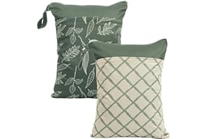 CoolaPeach 2pcs Wet Bags Waterproof Reusable Wet Dry Bag with Two Zippered Pockets Travel Beach Pool Daycare Yoga Gym Bag for Baby Cloth Diaper,Swimsuits,Wet Clothes (Leaves & Grids)