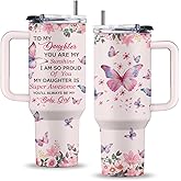 Uibunoo Daughter Birthday Gifts, 40 Oz to My Daughter Cup with Handle & Straw, Gift from Mom, Thanksgiving Christmas Birthday Gift for Daughters Adult, Daughters Tumbler with Butterfly, 1 PCS