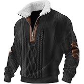 Mens Pullover Quarter Zip Vintage Fleece Knitted Print Stand Collar Sweatshirts Western Long Sleeve Elbow Patch Tops