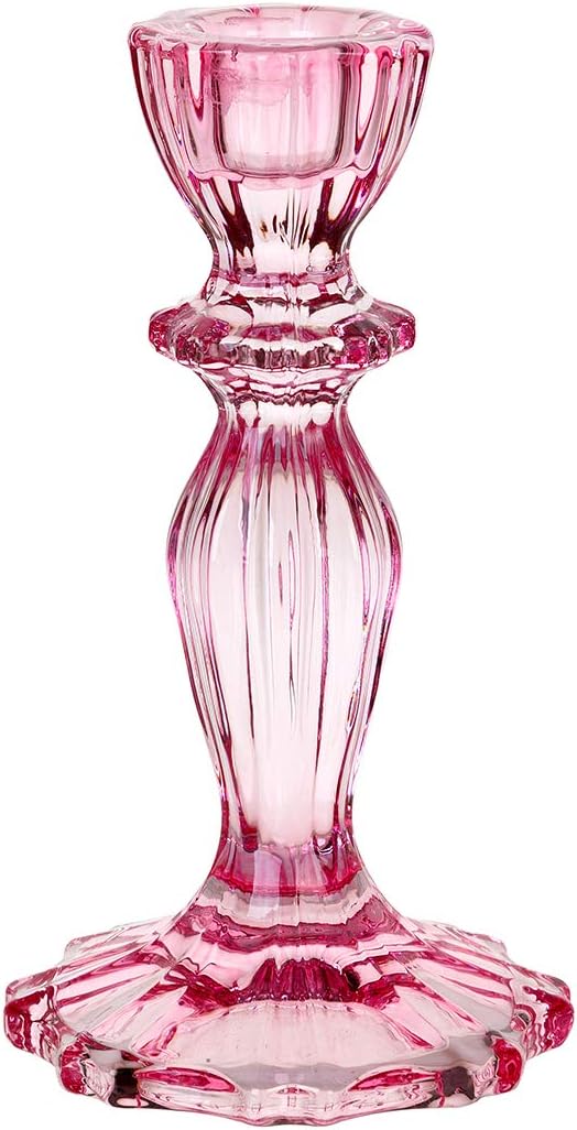 Pink Glass Candlestick Holder, Decorative Taper Candle Stand Valentines Dinner Table Decorations