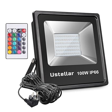 Ustellar 100W RGB LED Strahler mit Fernbedienung 5m Kabel, IP66 Wasserdicht Scheinwerfer LED Fluter, 16 Farben 4 Modi Flutlichtstrahler mit Stecker, Flutlicht Stimmungslichter für Garten Innen Außen