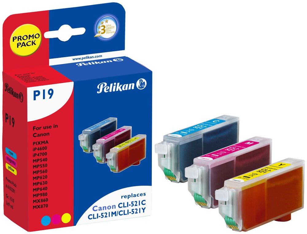 Pelikan P19 - Print cartridge ( replaces Canon CLI-521M, Canon CLI-521Y, Canon CLI-521C ) - 1 x yellow, cyan, magenta