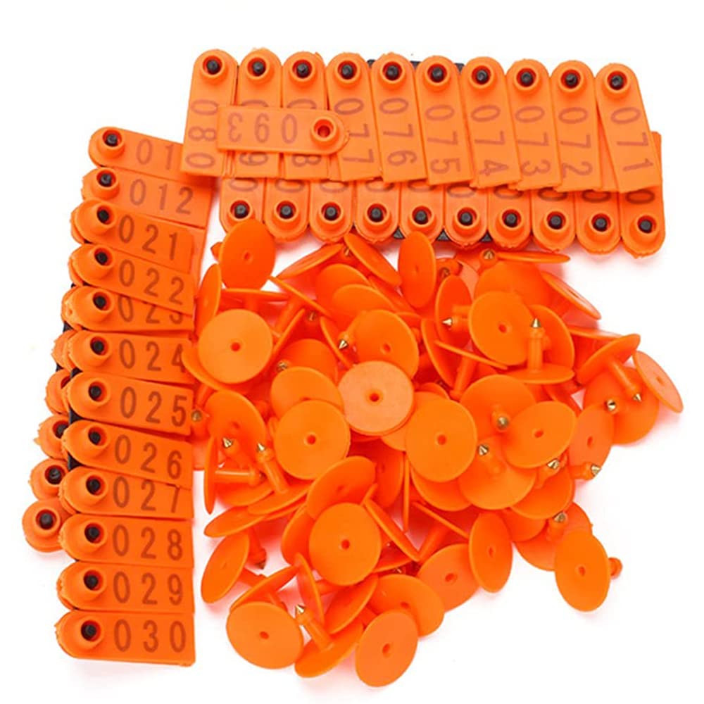 ANCLLO 100 Pack Pig Ear Tags Orange Medium Plastic Livestock Ear Tags for Hog Swine Sow Ear Tags with Number 001-100
