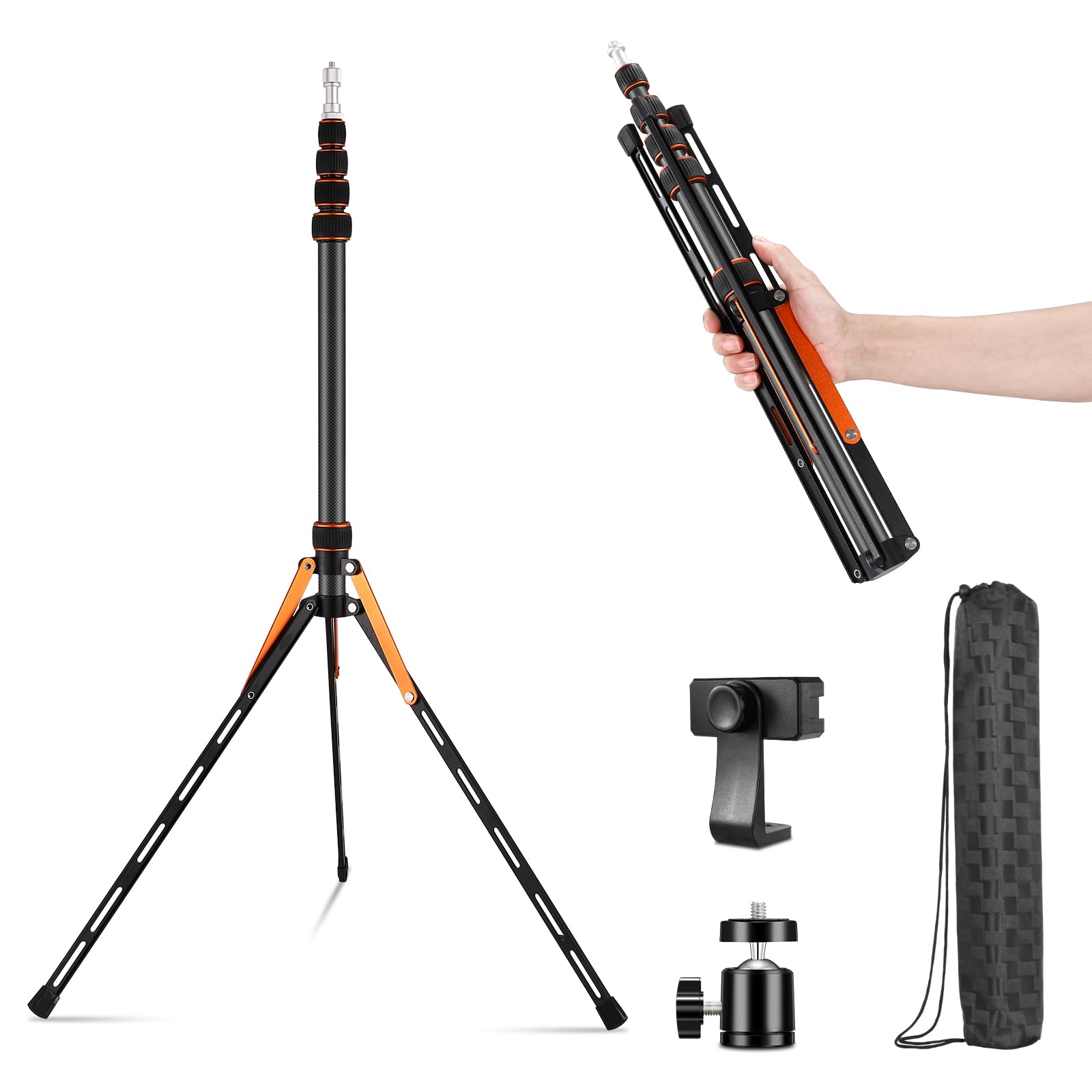Soonpho 220cm Carbon Fibre Travel Light Stand Portable Photography Tripod Lightweight 86,5inch Photo Studio Tripod for Strobe Reflector Softbox Umbrella Video Shooting Background with Carrying Bag