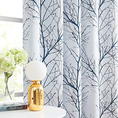 FMFUNCTEX Sliding Door Blackout Curtain 100x96 Blue White Tree Curtains