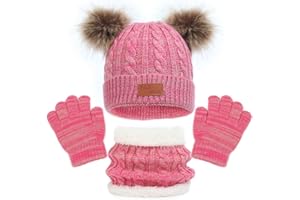 ENWOKRAN 3pcs Kids Winter Hat Scarf Gloves Set, Fleece Lining Beanie Hat with Pom, Knit Gloves Neck Warmer for Girls Boys 2-6 Years