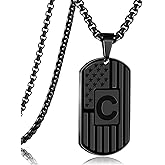 RWQIAN American Flag Initial Dog Tag Necklace for Men,Stainless Steel Letter A-Z with 24 Inch Chain Military Pendant Necklace Gift for Valentine's Birthday Christmas Anniversary Fathers Day