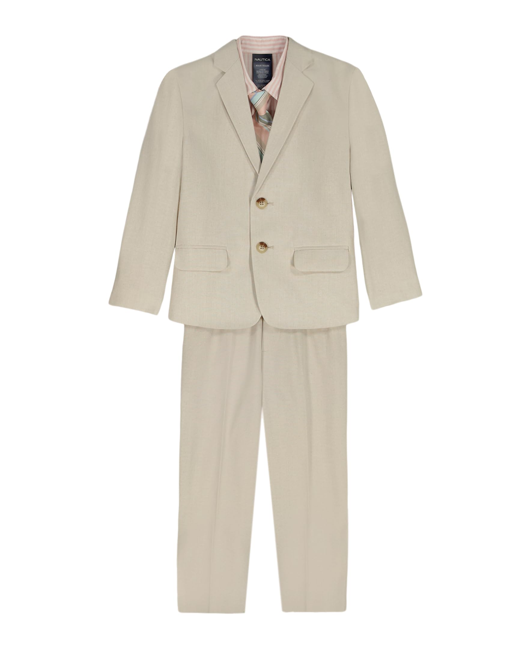 Nautica Boys' 4-Piece Suit Set with Dress Shirt, Tie, Jacket, and Pants, Khaki Linen, 3T Image