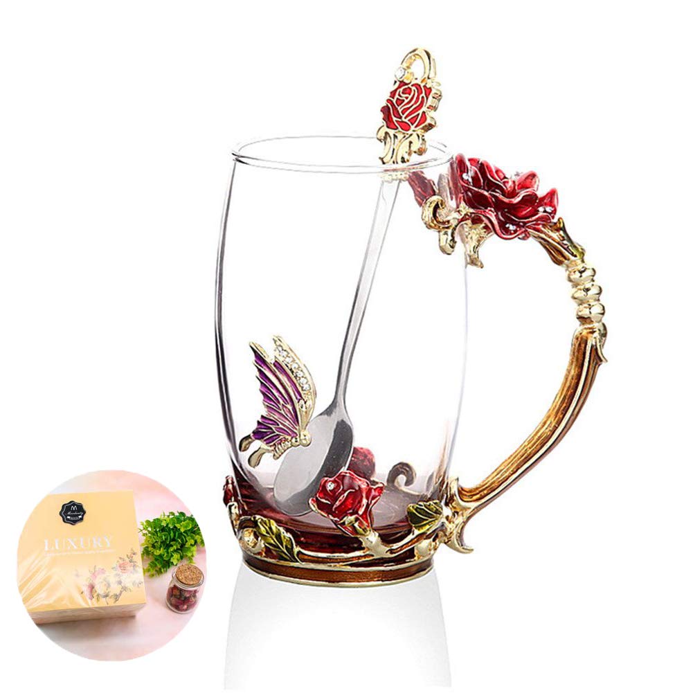 MOODUUTY Tea Cup, Mother's Day Gifts, Coffee Mug Cups, Glass Coffee Cups Tea Mugs Handmade Butterfly Rose,13 oz (Rose) Ideal for Friend Wedding Anniversary Birthday Presents