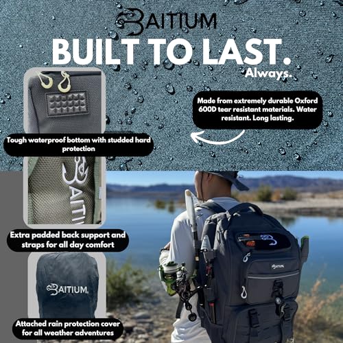 Baitium Fishing Backpack, Tackle Bag With Rod Holders, 40L Capacity With Cooler, Rain Cover, Insulated Pocket, 4 Tackle Trays Included (Green)