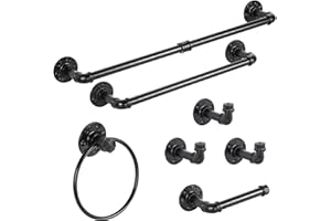HEOMU 7 Pieces Industrial Pipe Towel Rack Towel Ring, Matte Hand Towel Bar Bathroom Accessories Set with Paper Holder Towel Hooks for Kitchen Bathroom Wall Mounted, Black